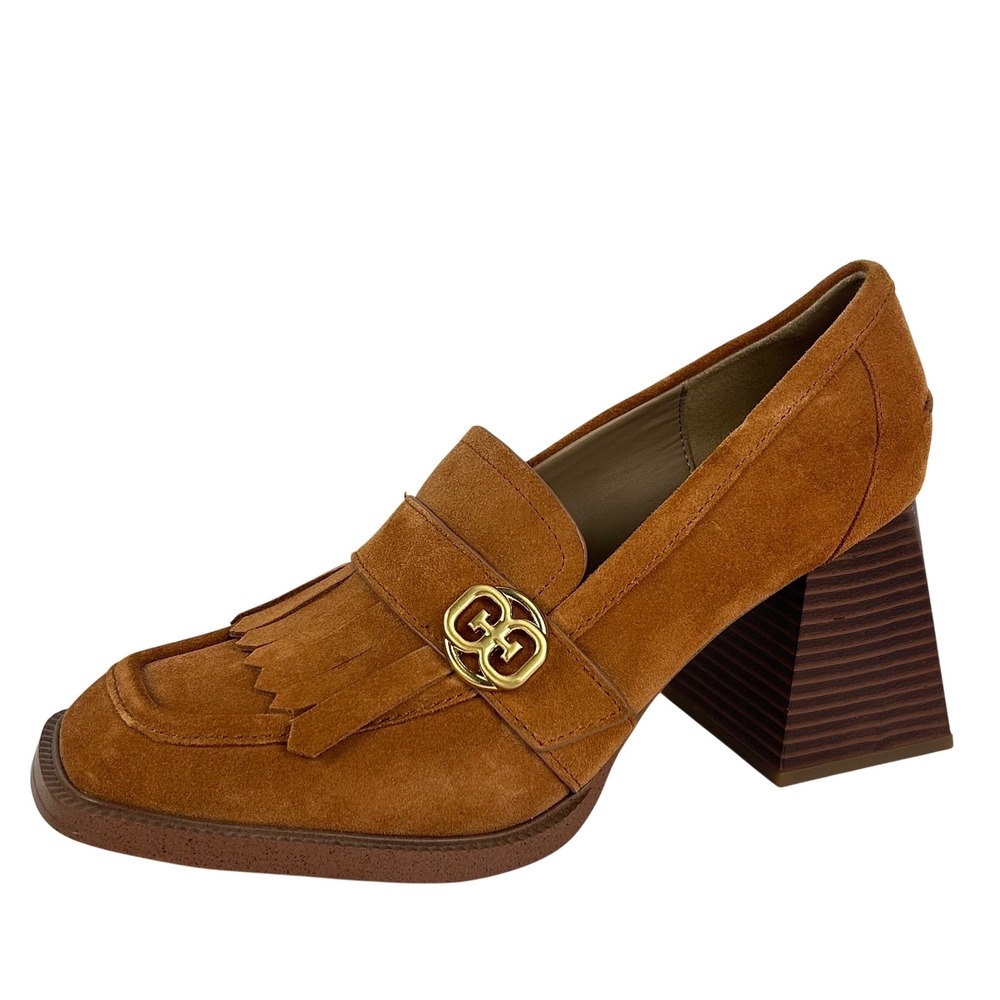Sam Edelman Quinly Suede Heeled Loafers Tan Saddle Kiltie Fringe Square Toe 9M